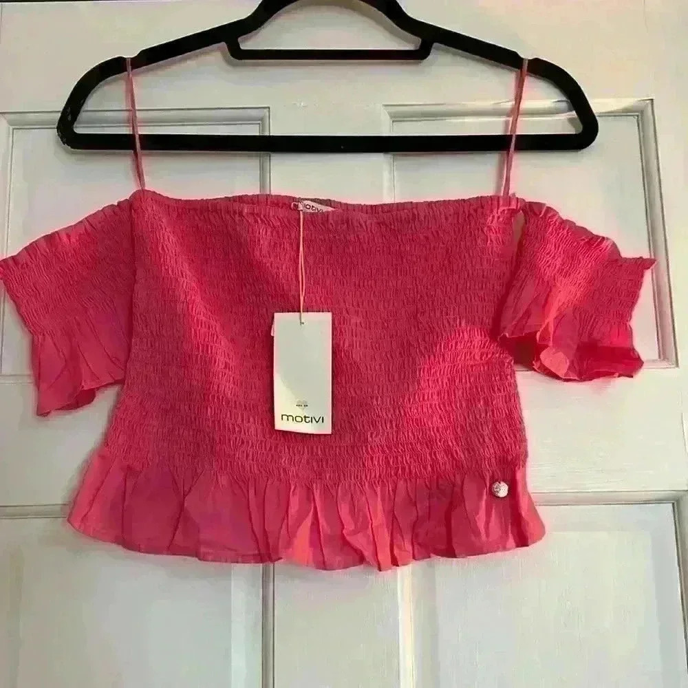NWT italy MOTIVI PINK! 100% cotton cropped smocked top w/open shoulder